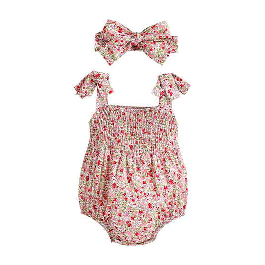 Red Floral Strap Romper with Matching Headband - 2pc set