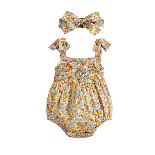 Yellow Floral Strap Romper with Matching Headband - 2pc set