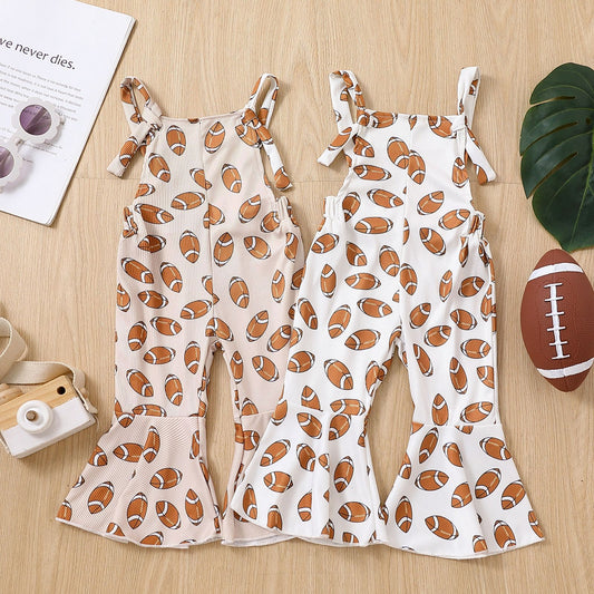 Girl's FOOTBALL Pattern Overalls in Beige or White