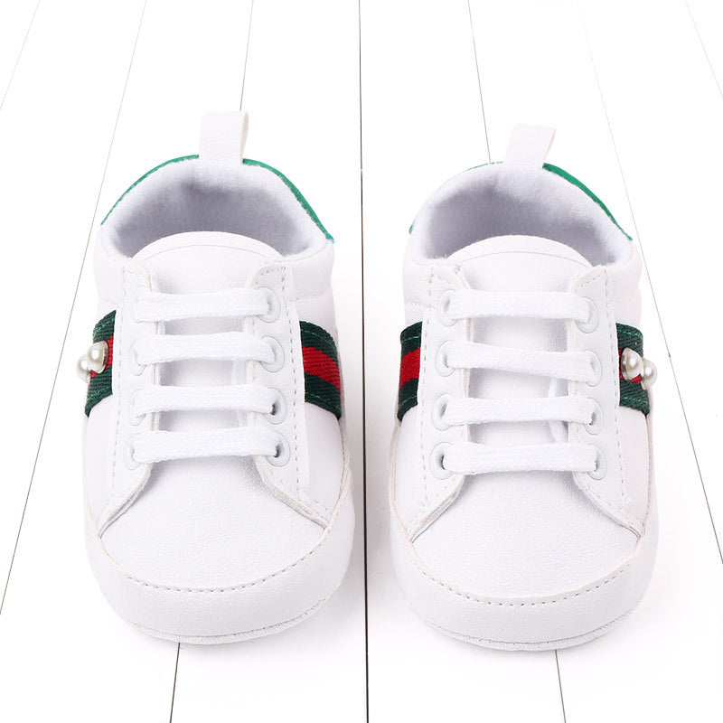 Baby White Sneakers with Green & Red Stripe