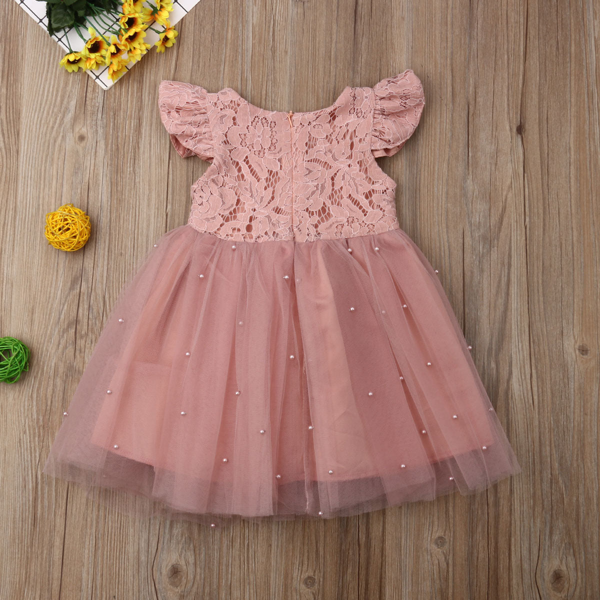 Girl's Pink Mesh Bow & Lace Dress