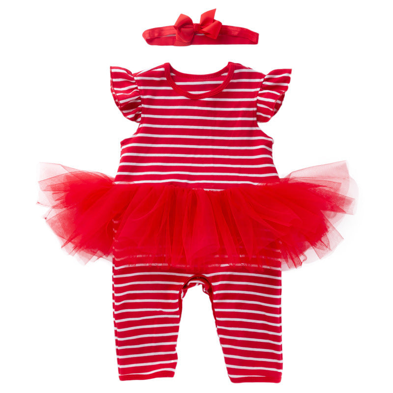 Baby Girl Cotton Striped One-piece Red Tutu Outfit