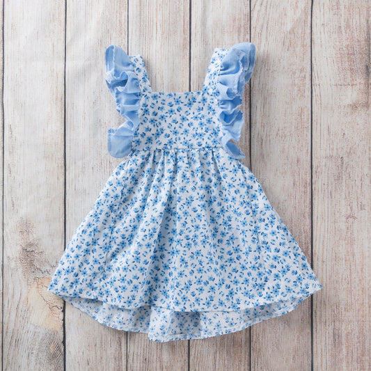 Baby Blue Flower Sleeveless Dress with Shorts - 2pc set