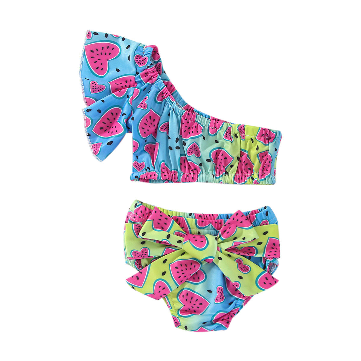 Girl's Watermelon Print One-Shoulder Swimsuit