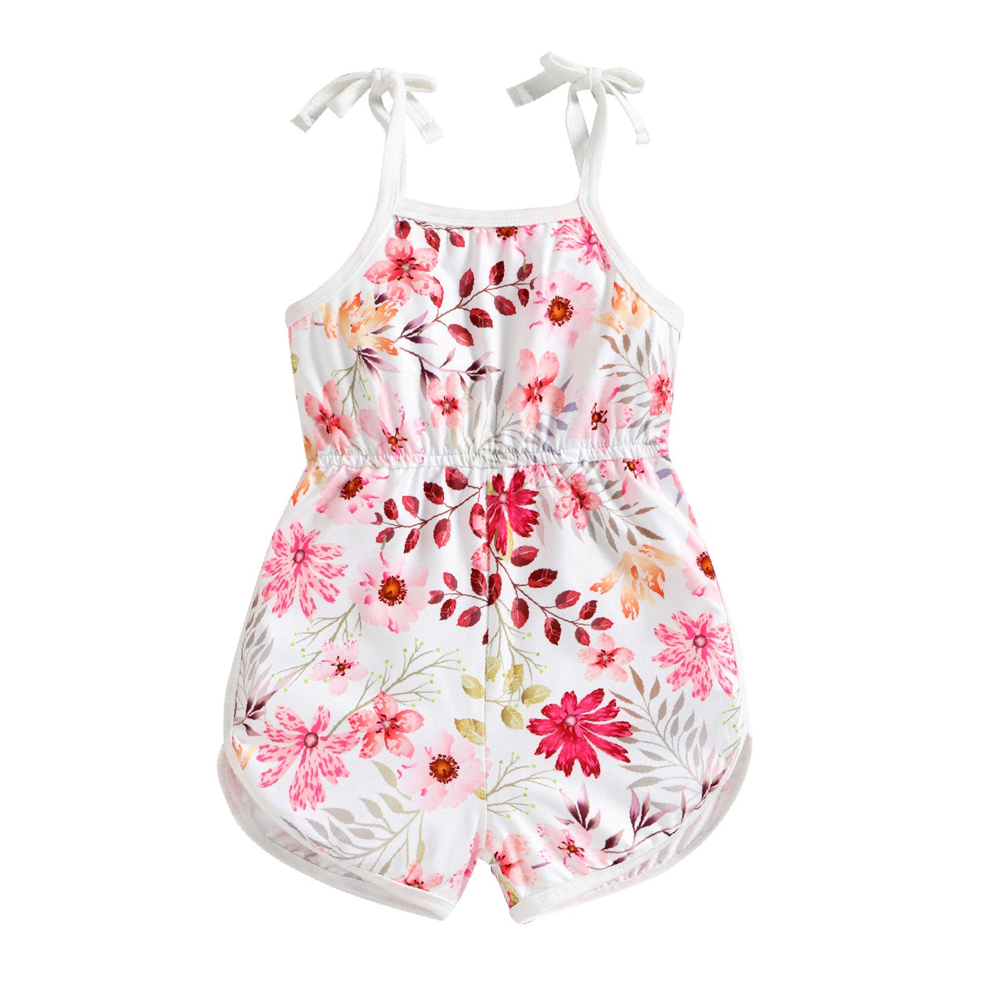 Girl's White & Pink Floral Strap Jumpsuit