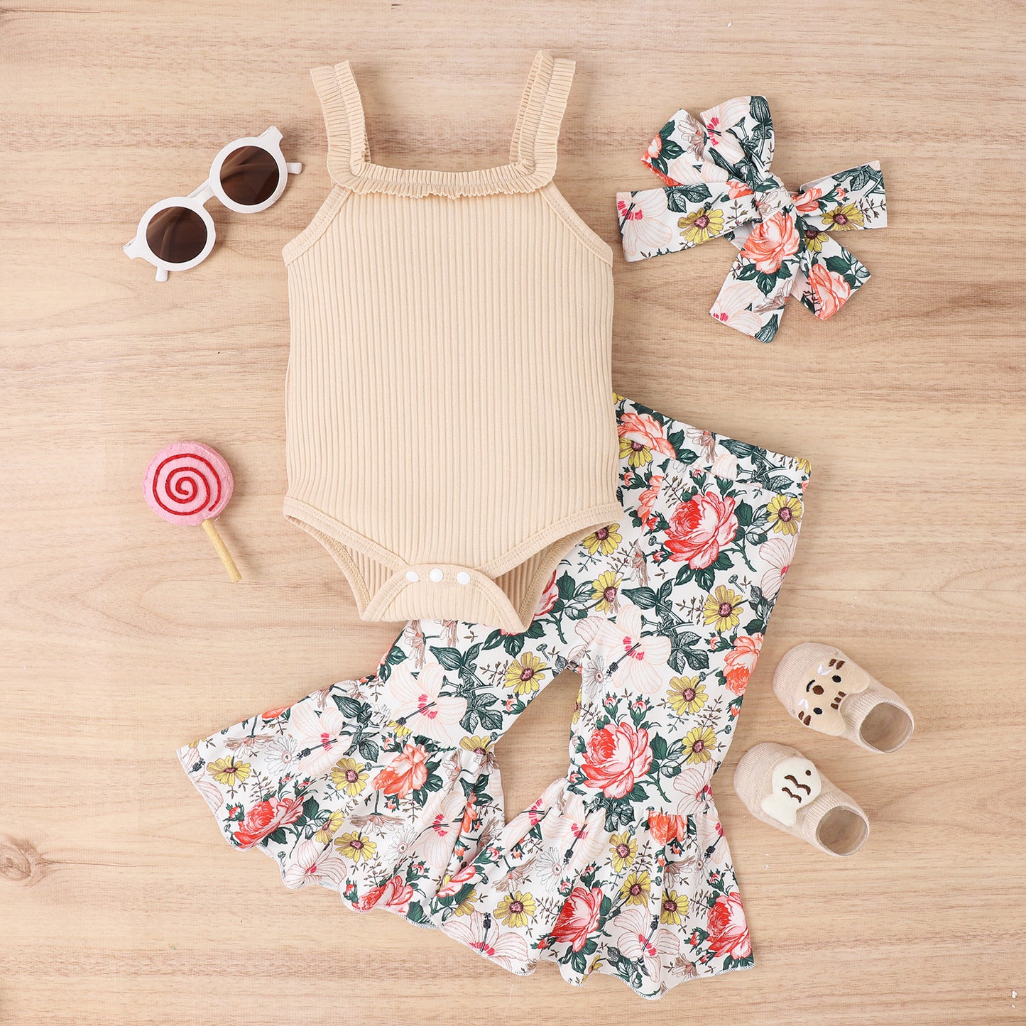 Onesie & Flower Printed Trousers With Hairbow -3pc set
