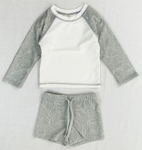 Boy's Grey & White Long-sleeve Swimsuit -2pc set