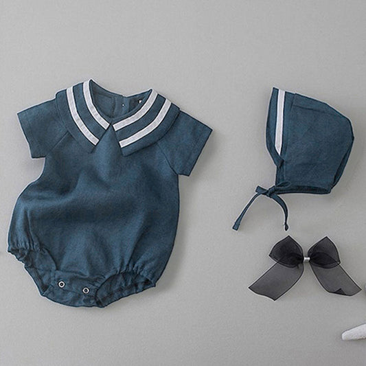 Navy & White Stripe Collar Romper with Matching Cap