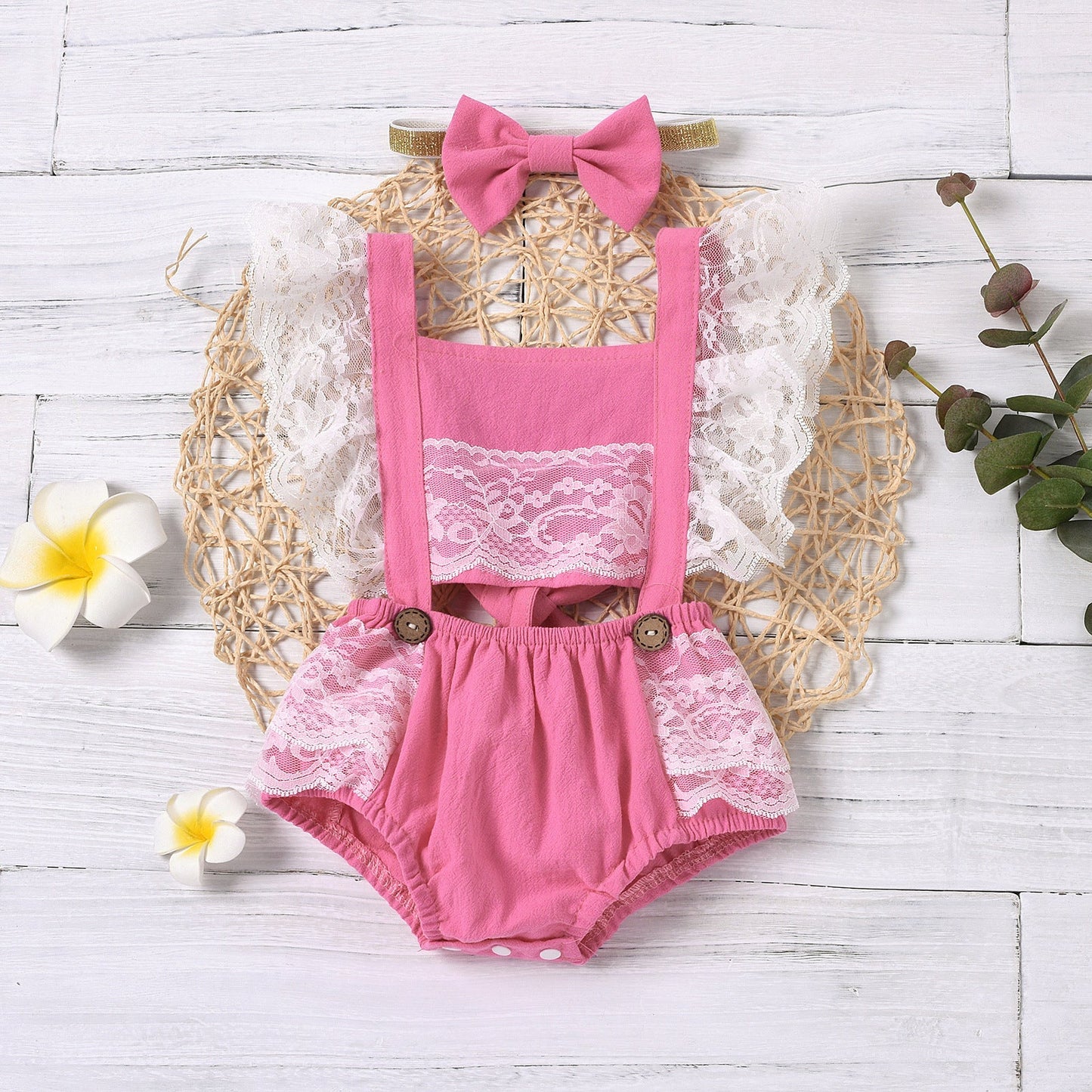 Gorgeous Lace & Rose Red Romper with Matching Headband