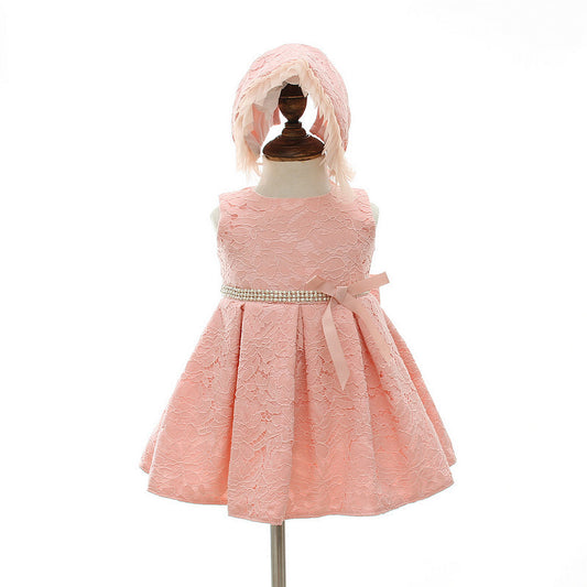 Girl's Pink Lace Detail Dress with Matching Cap Hat