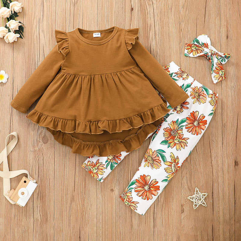 Girl's Brown Long Ruffle Shirt with White Floral Pants & Matching Headband