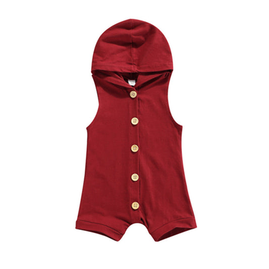 Sleeveless Button-up Hoodie Dark Red Romper