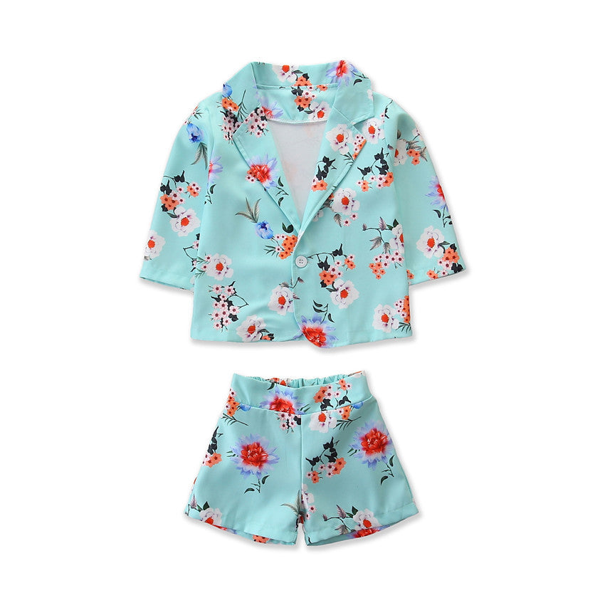 Girl's Flower Suit Jacket & Shorts - 2pc set