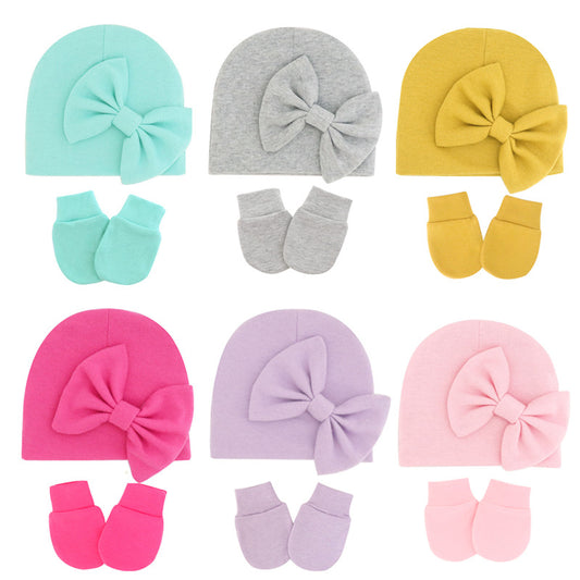 Newborn Baby Bow Hat with Matching No-scratch Mittens -2pc set