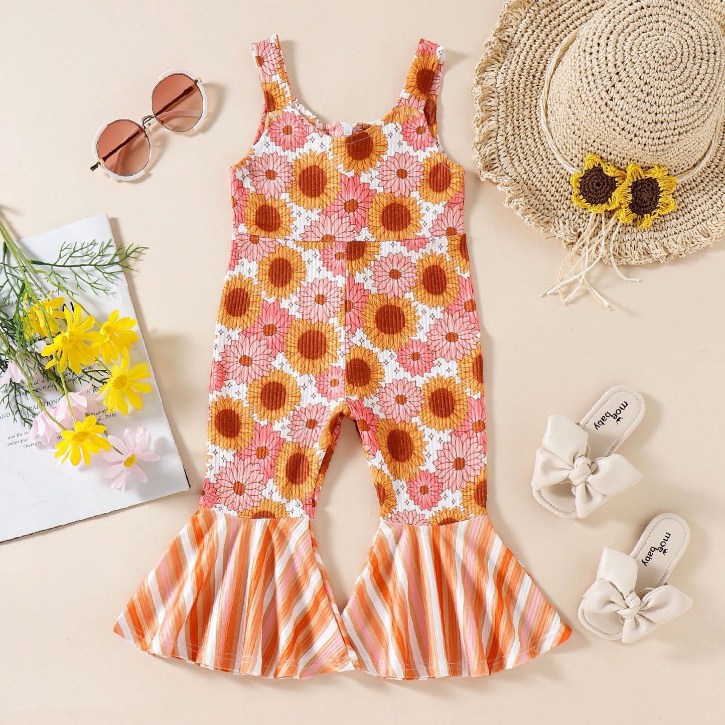 Orange Flowers Retro One-piece Bell-bottom Outfit