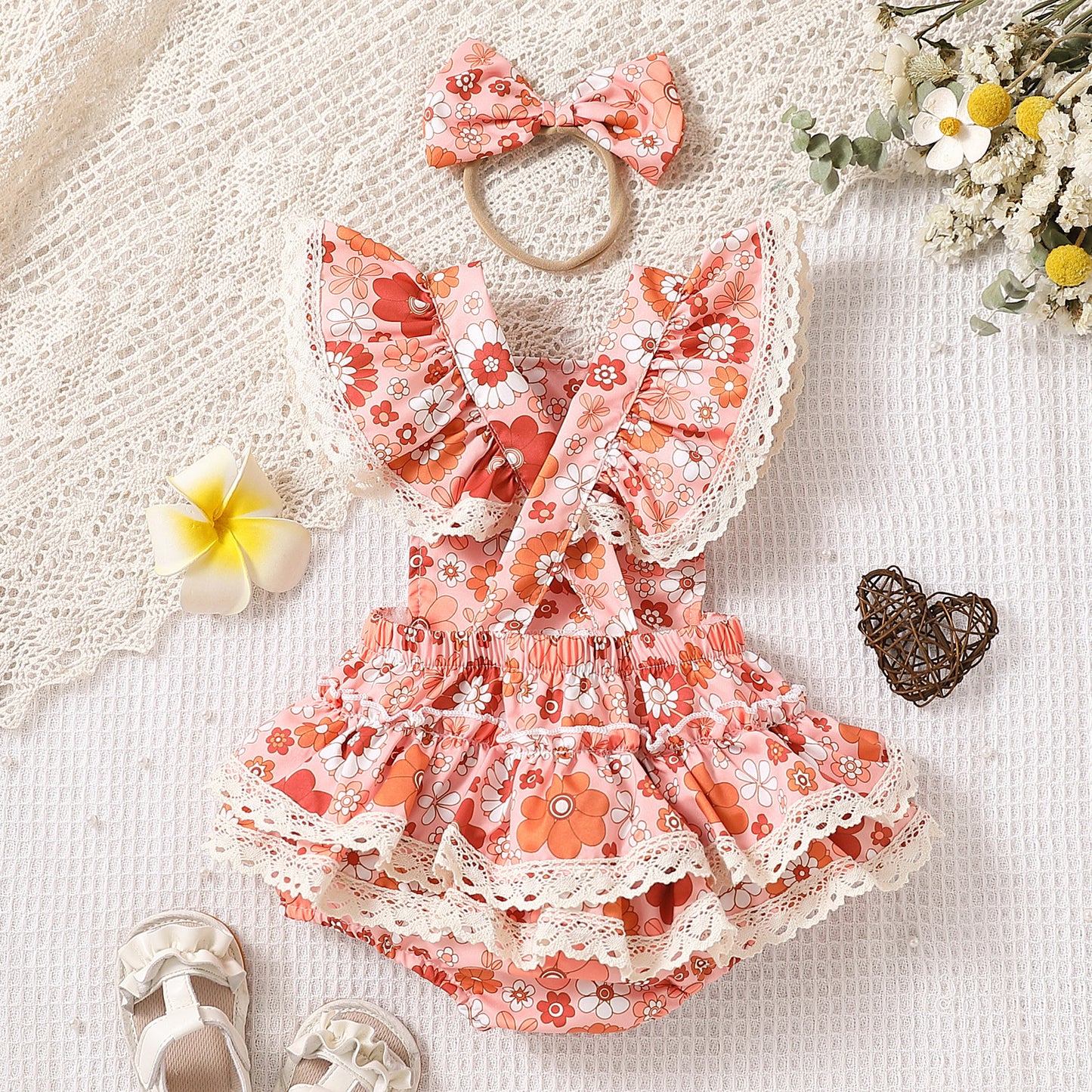 Baby Girl Sleeveless Floral Pink Romper with Matching Headband