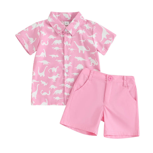 Boy's Pink & White Dinosaur Short Sleeve Shirt & Pink Shorts set