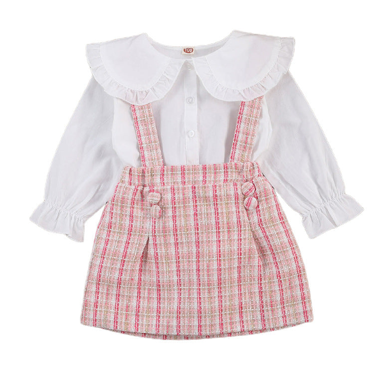 White Big Collar Shirt with Pink Plaid Overall Skirt - 2pc set outfit