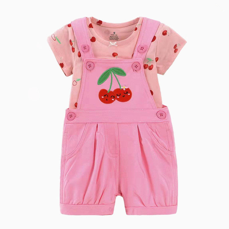 Short Sleeve Cherry T-shirt with Suspender Shorts