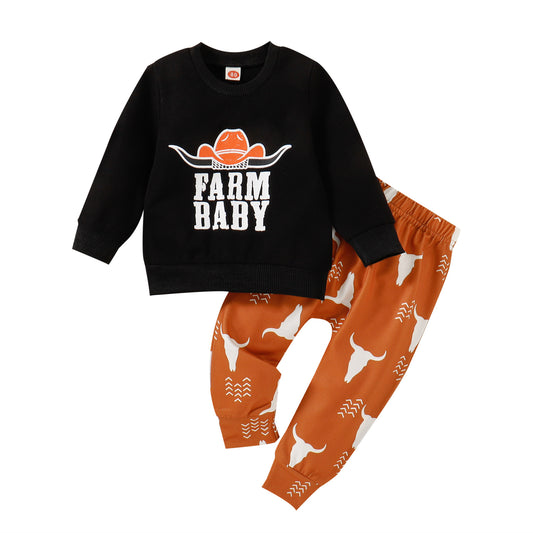 "Farm Baby" Black Sweatshirt & Orange Bull Head Pants - 2pc outfit