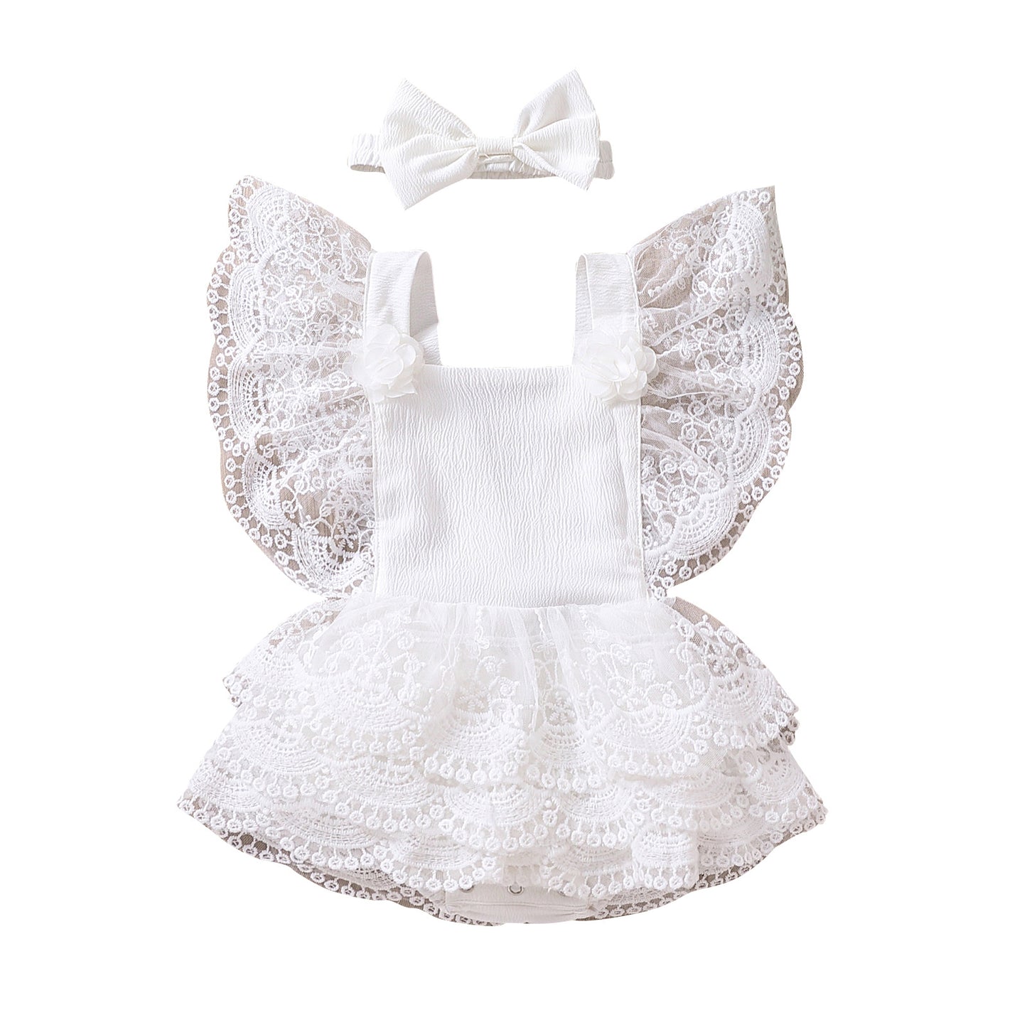 Baby Girl One-piece White Princess Dress with Matching Headband