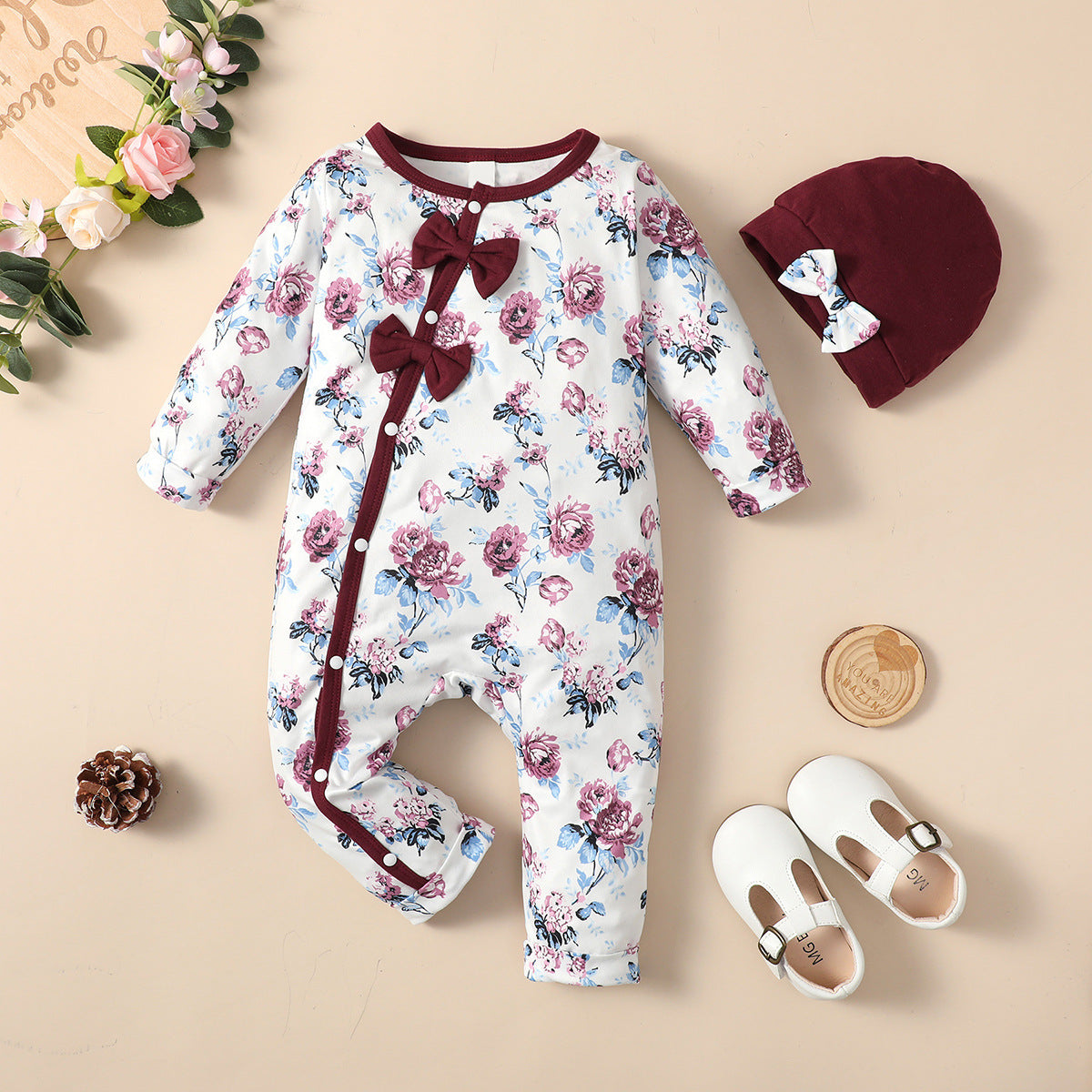 Baby Girl Dark Red One-piece Outfit with Hat